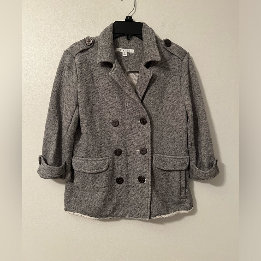 CAbi Shrunken Peacoat Women's Small Gray Blazer Jacket Style #393 Knit Workwear